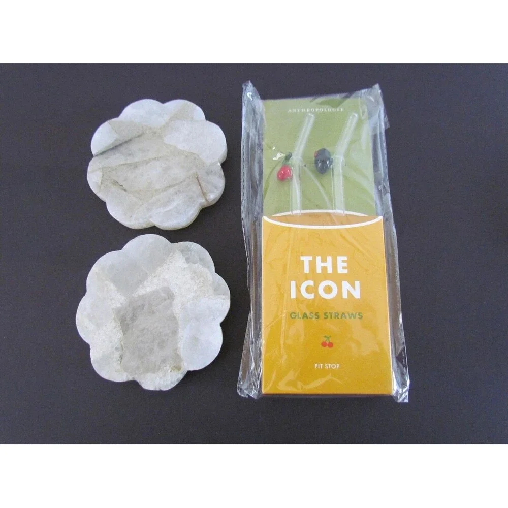 NEW Anthropologie The Icon Juice Glass Straws Olive Cherry 2 Alabaster Coasters